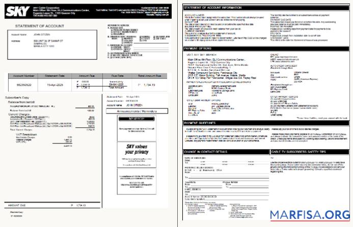 Realistic Philippines Sky Cable Corporation utility bill template in Word and PDF formats, 2 pages, version 2